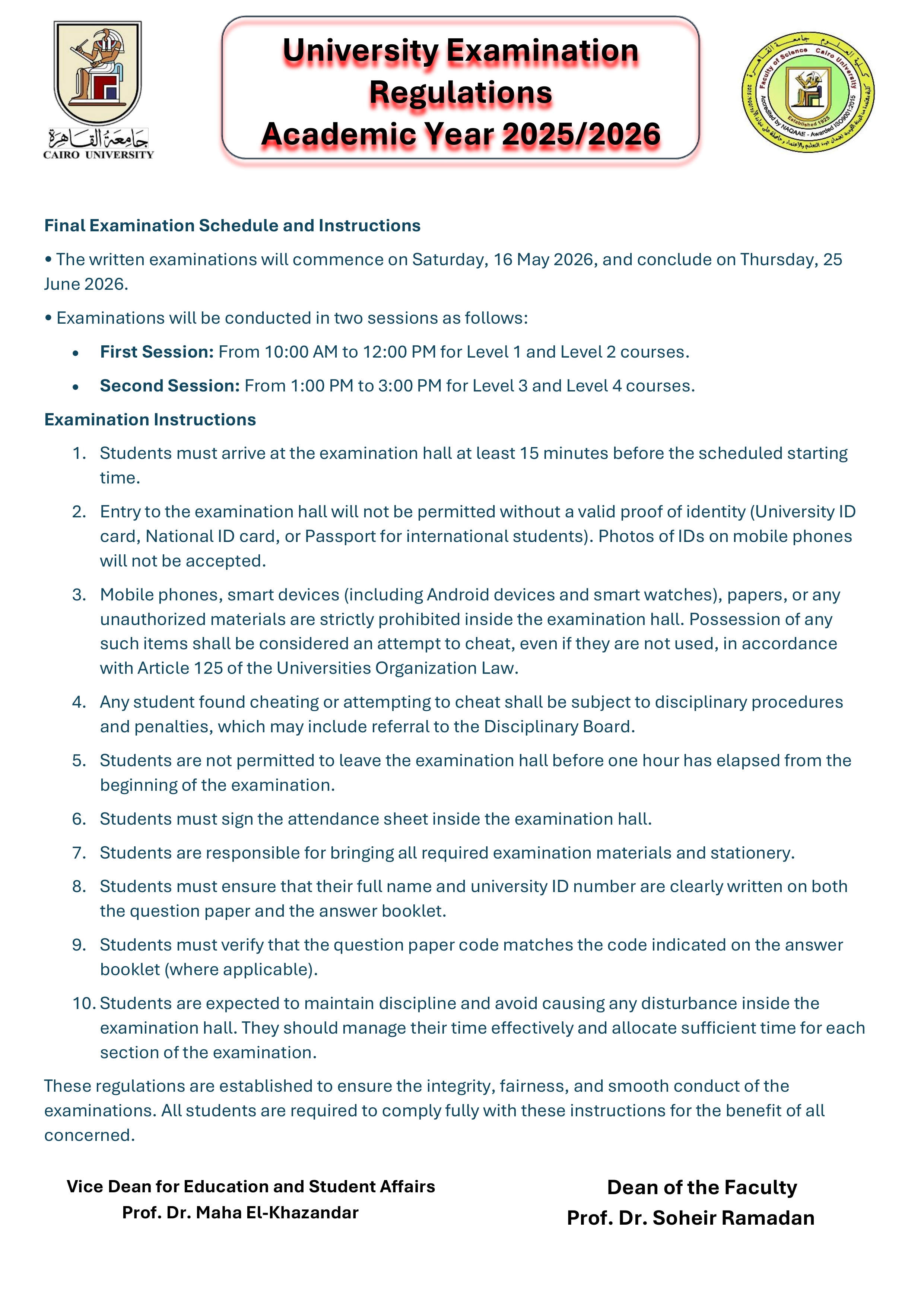 University Examination Regulations – Academic Year 2025/2026